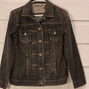 Chico's Platinum Jacket Dark Gray Denim Women Size 1 (Medium) Pleated Front
